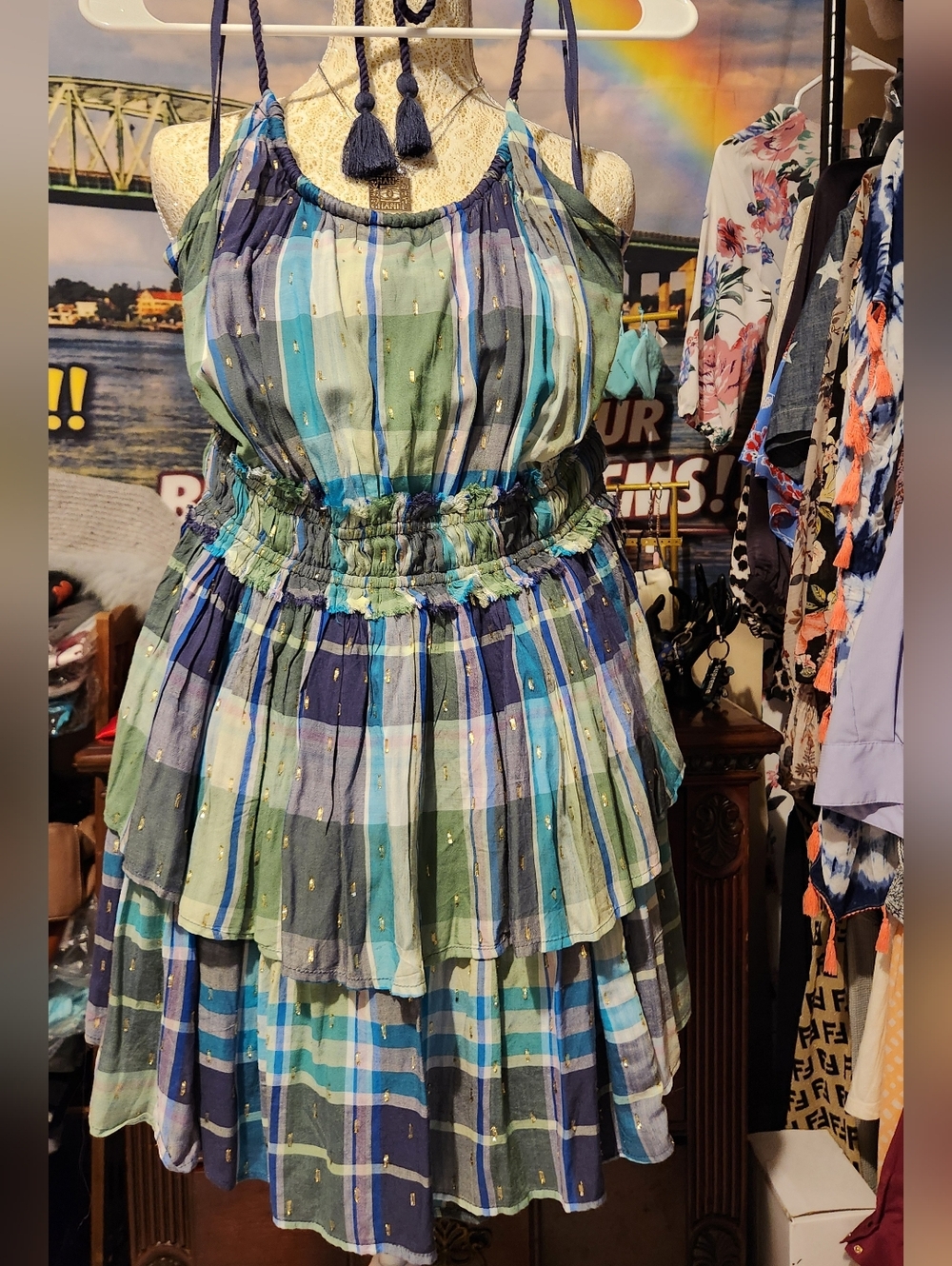 ☆SALE NWT AERIE SIZE SMALL DRESS Blue & Green Plaid Tiered Sundress